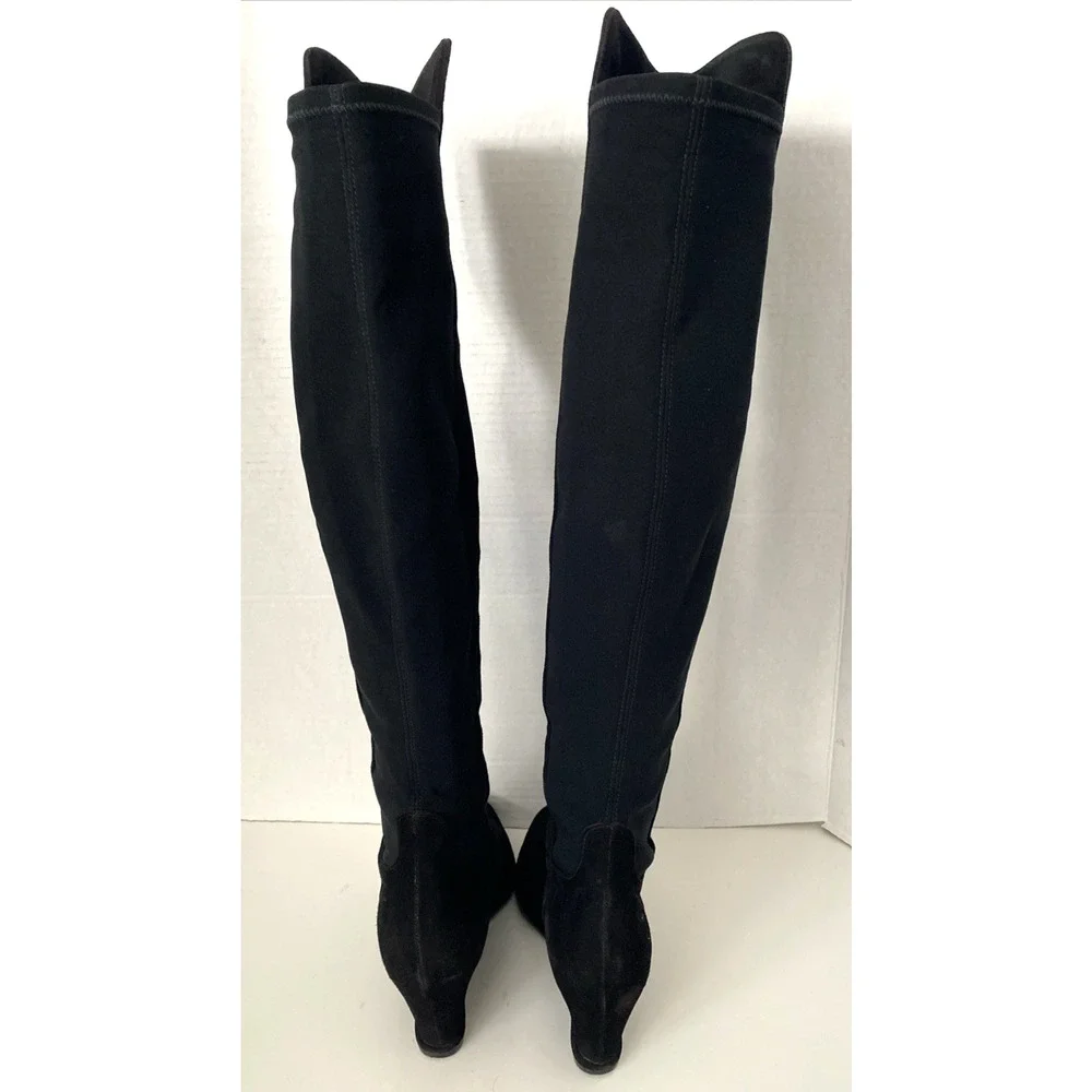 Stuart Weitzman Semi Boot Tall Stretch Back Suede Wedge Round Black OTK 5